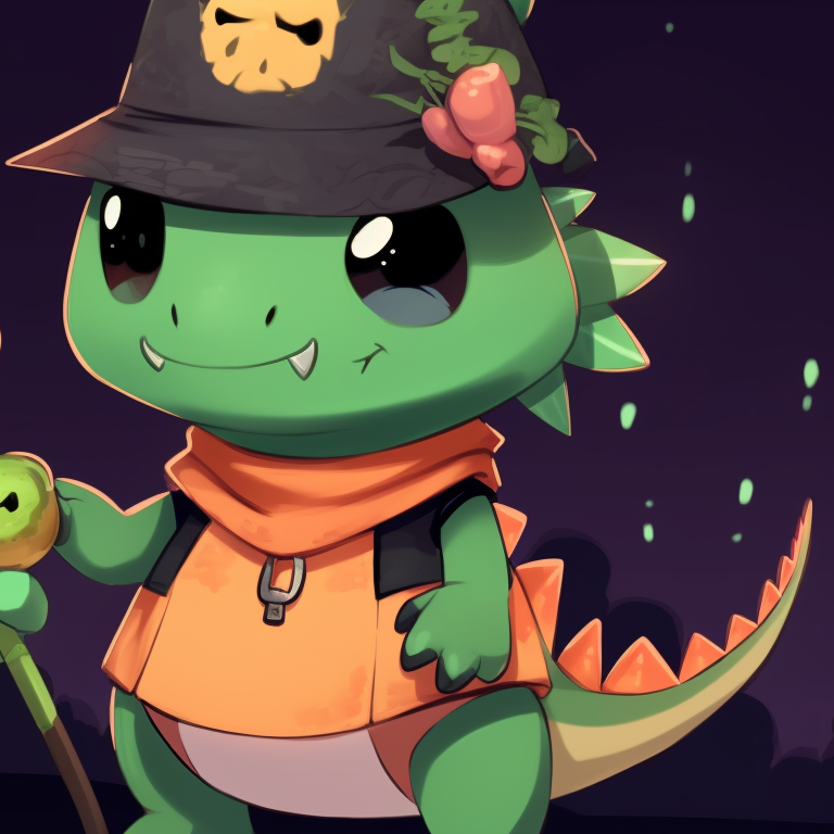 Two dinosaur compatriots, each with a distinct Halloween-themed prop, shown in a cutesy drawing style, set against a haunted, starlit backdrop. adorable dino matching pfp halloween theme pfp for discord.