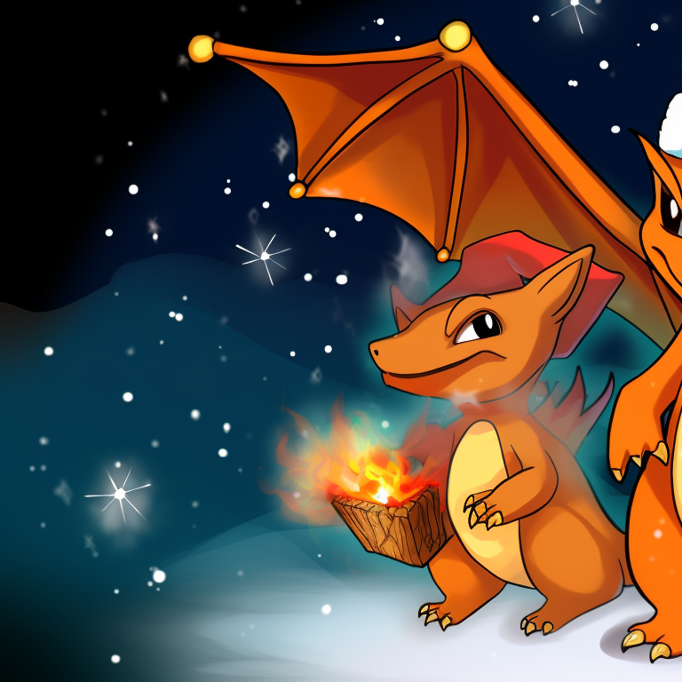 Charizards under a moonlit sky, surrounded by snowy trees, Santa hats on. charizard themed christmas apparel pfp for discord.