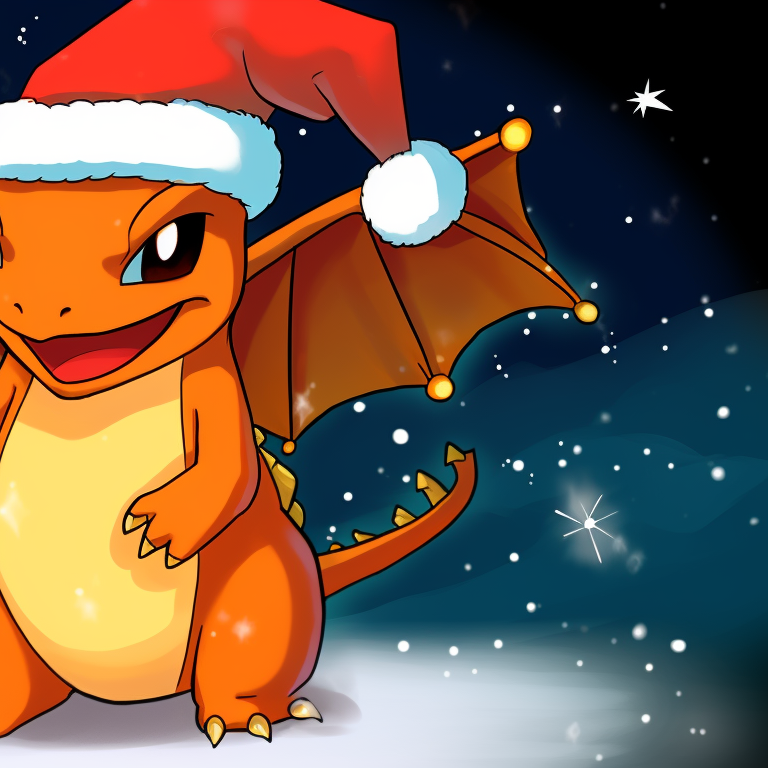 Charizards under a moonlit sky, surrounded by snowy trees, Santa hats on. charizard themed christmas apparel pfp for discord.