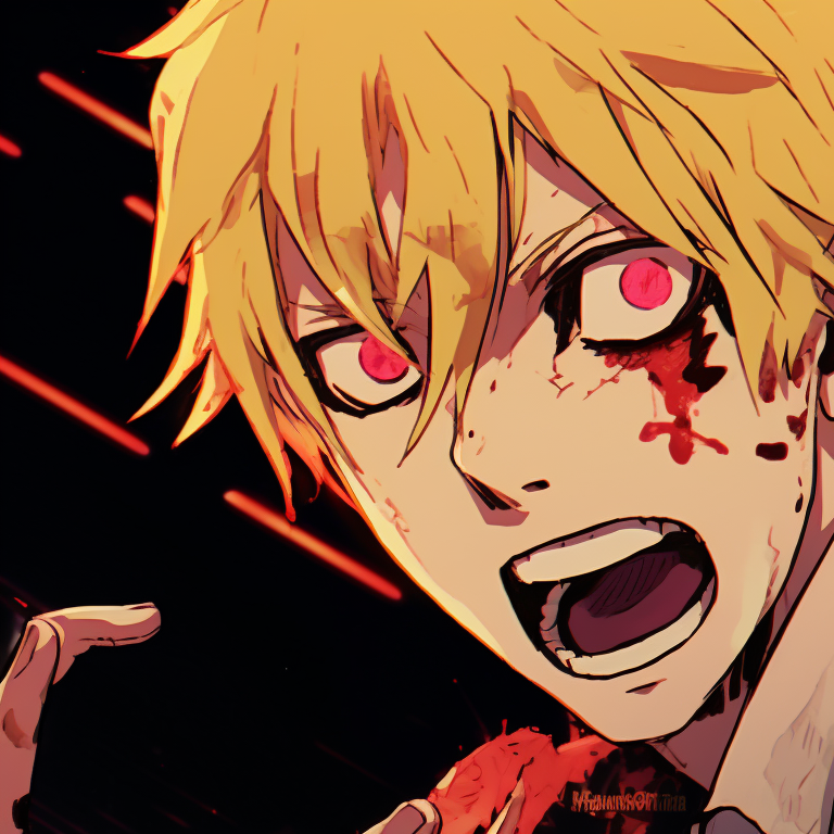 Two characters, Aki and Chainsaw Man, under a moonlit sky, art style dominated by moody blues and greys, shadows creating a sense of story. chainsaw man matching pfp tips pfp for discord.