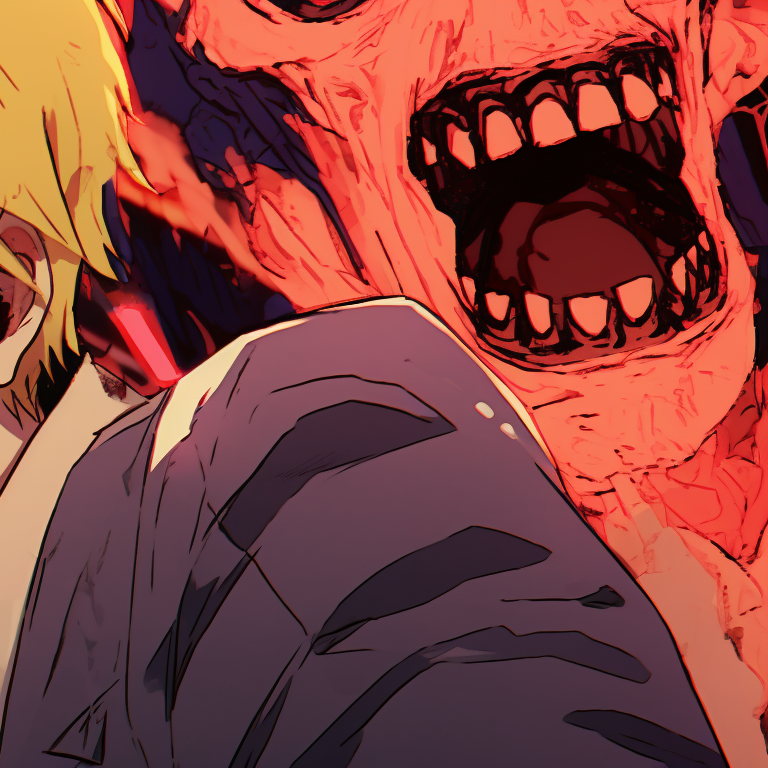 Two characters, Aki and Chainsaw Man, under a moonlit sky, art style dominated by moody blues and greys, shadows creating a sense of story. chainsaw man matching pfp tips pfp for discord.