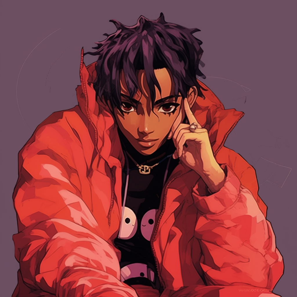 Carti with gothic influences, monochromatic palette contrasted with deep reds. playboi carti in anime art style