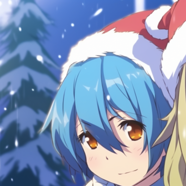 Two characters, blue toned outfits and frosty backdrop, seeming close and comfortable with each other. matching christmas meme pfp ideas pfp for discord.