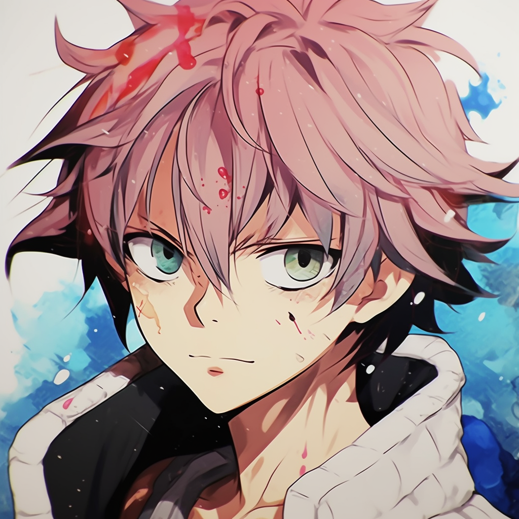 A smiling Natsu profile, character-centric with a focus on facial details and expressions. iconic anime characters pfp