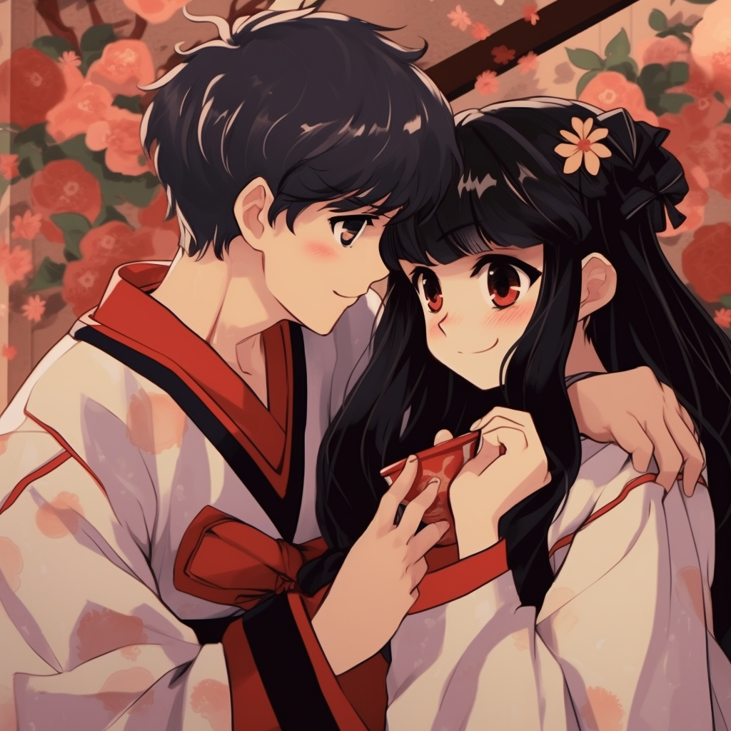 Inuyasha and Kagome gazing at each other, focus on the expressions and vibrant colors. ultimate relationship goal: matching anime pfp for lifelong couples