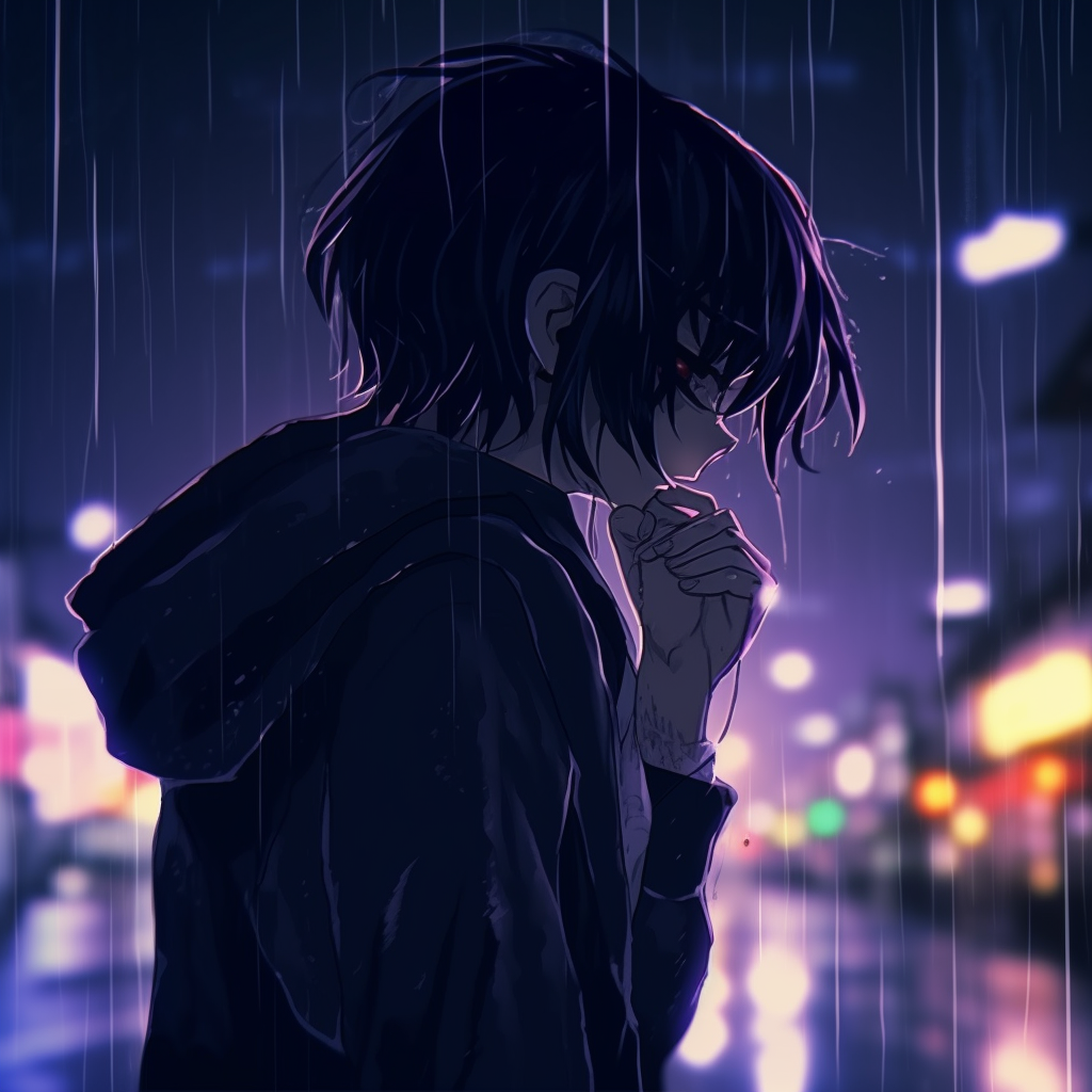 Anime character introspecting under the rainy Tokyo evening, hues of purple and blue dominate. aesthetic depressed pfp images