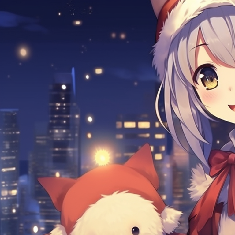 Two characters next to a holly tree, red and green tones dominate. adorable matching anime girl christmas pfp ideas pfp for discord.