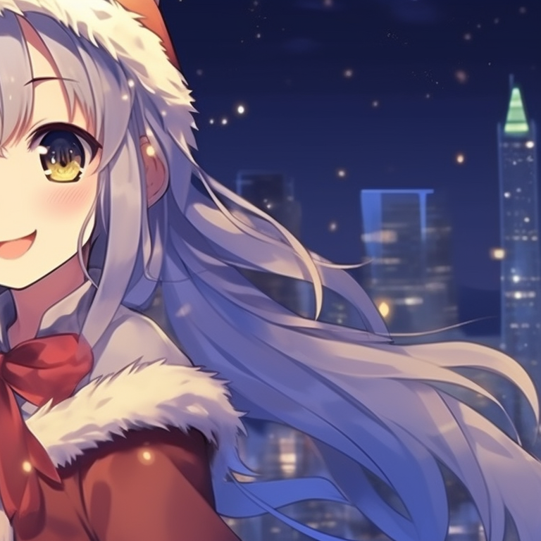 Two characters next to a holly tree, red and green tones dominate. adorable matching anime girl christmas pfp ideas pfp for discord.