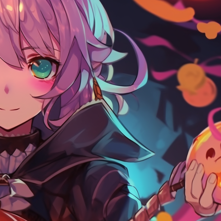 Two characters in monster costumes, intricate detail and a sense of movement. project sekai halloween themed profile pictures pfp for discord.