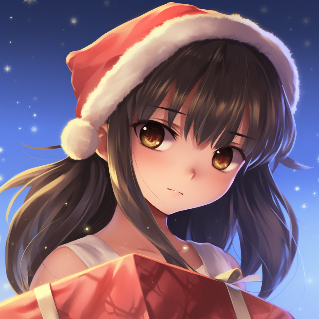 Playful Anime girl image set against a Christmas night, the joy on her face echoing with the festive lights and holiday spirit in the background. anime girl christmas pfp