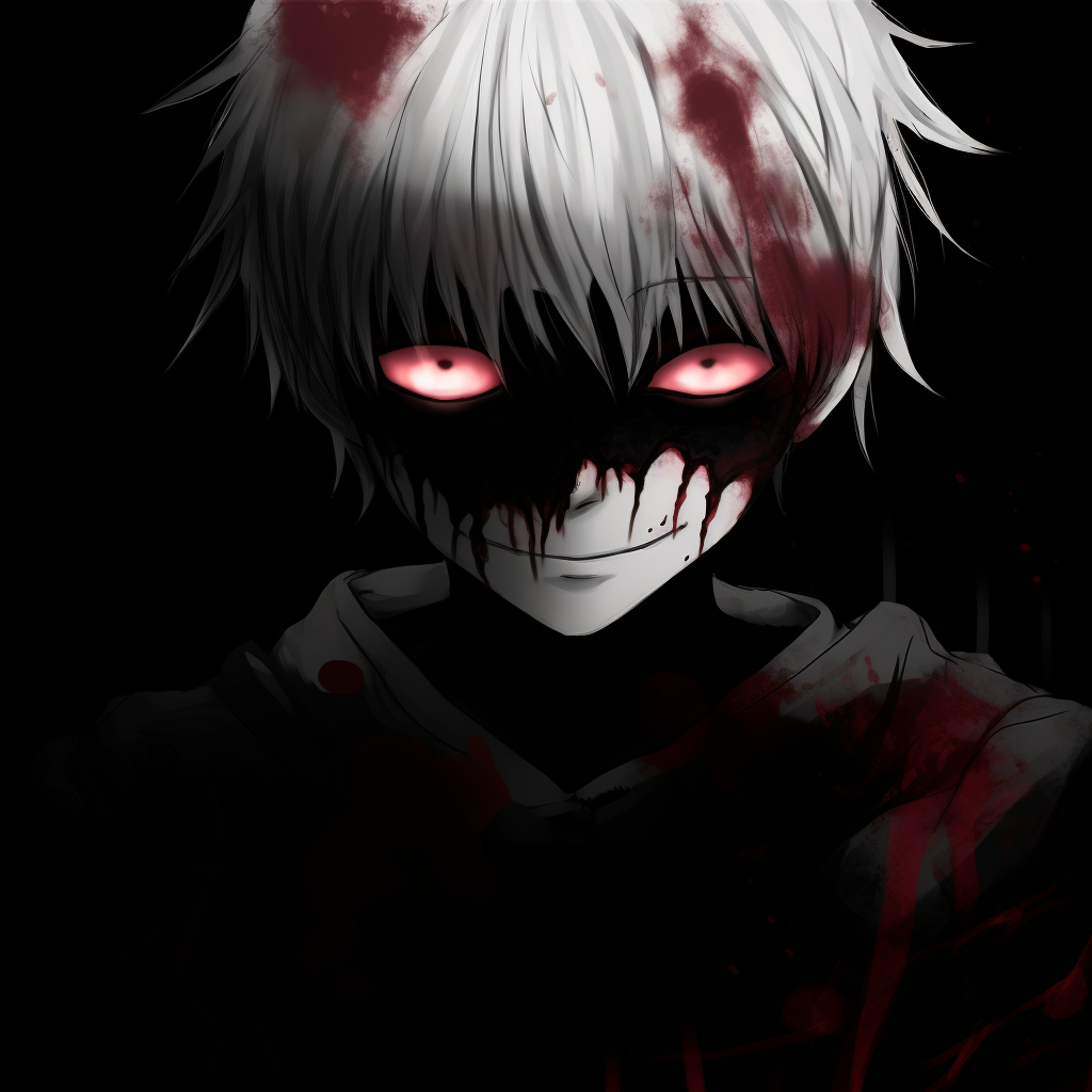 Tokyo Ghoul's Kaneki in a scary mood, monochrome with red vibrant eye. scary anime pfp for boys pfp for discord.