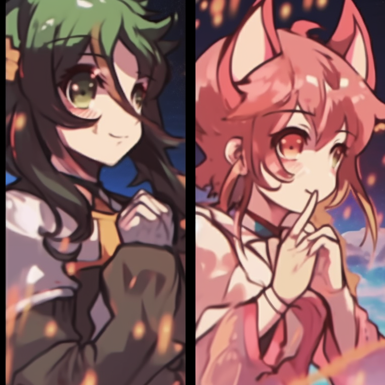 Four characters under a starry sky, vibrant colors and hints of high fantasy. unique matching pfp for 4 friends pfp for discord.