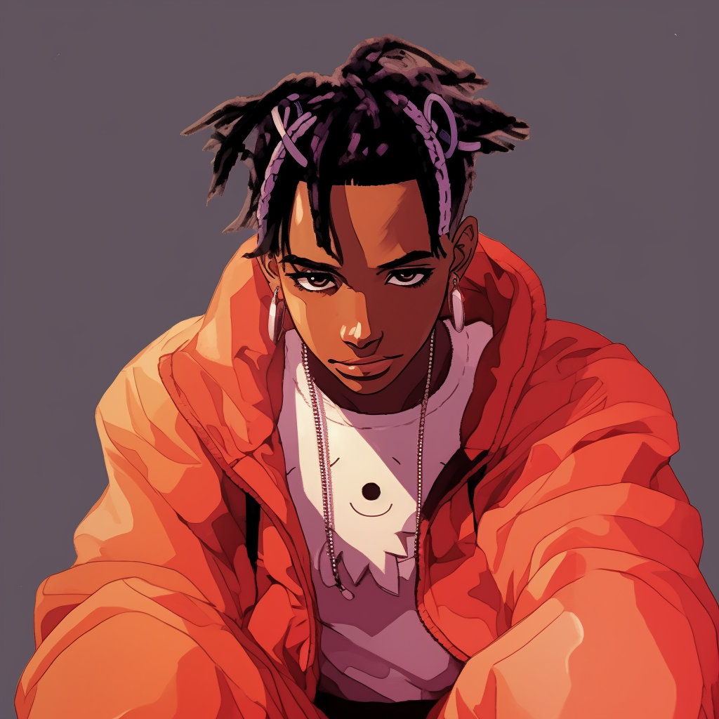 Carti as a beloved anime superstar, dramatic spotlight and glowing effects. playboi carti in anime art style
