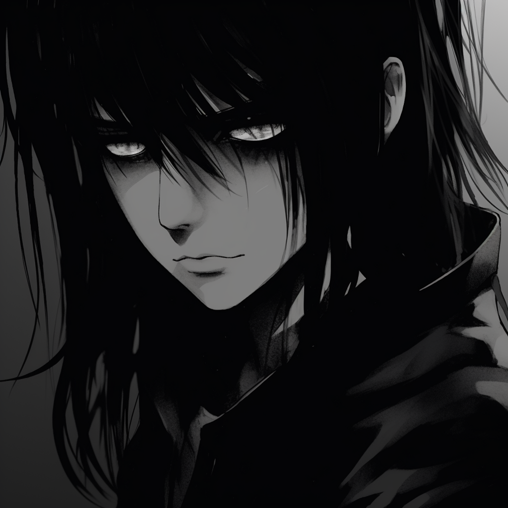 L from Death note with his glare captured in a pitch-black backdrop, encapsulates a mysterious and dark theme. dark anime pfp maleHD, free download