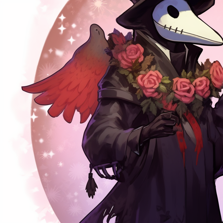 Two characters in plague doctor costumes, under mistletoe with a vibrant Christmas tree in the back. matching plague doctor pfp christmas edition pfp for discord.