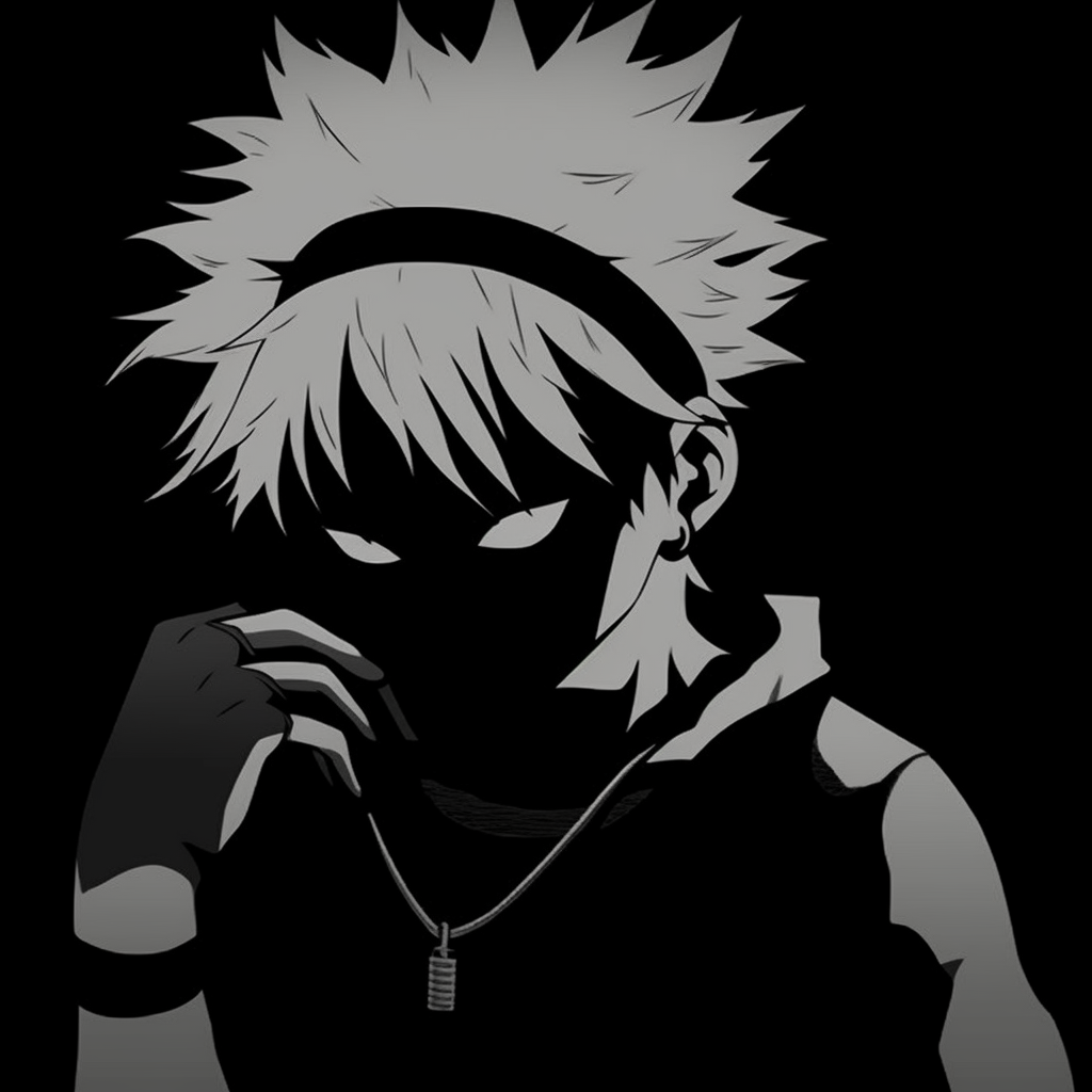 Possible Naruto character in silhouette against a black background, distinct spiky hair and bandana outline. anime black pfp for boys pfp for discord.