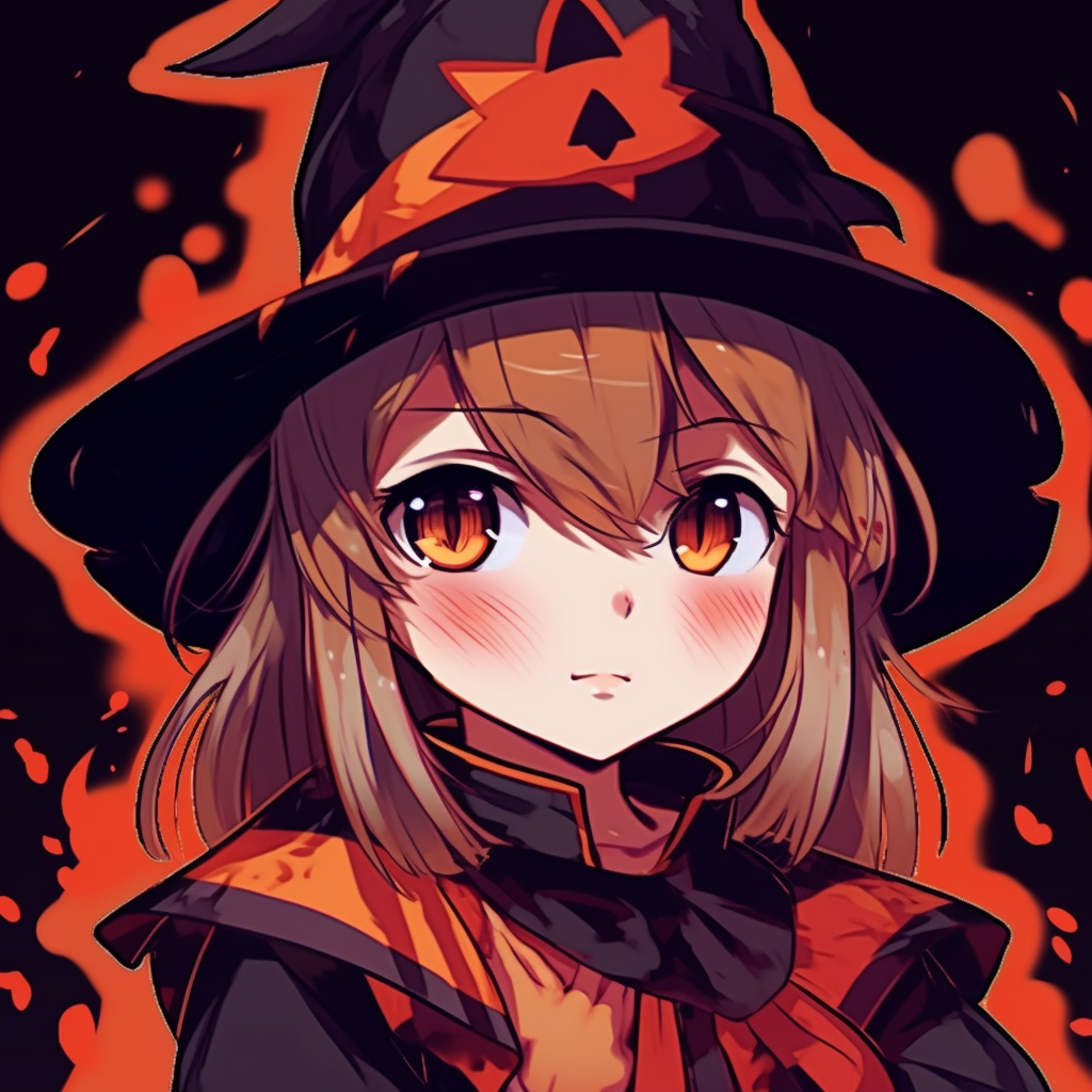 Charming anime girl dressed in classic witch costume, with vivid colors and expressive line art. cute halloween anime pfp