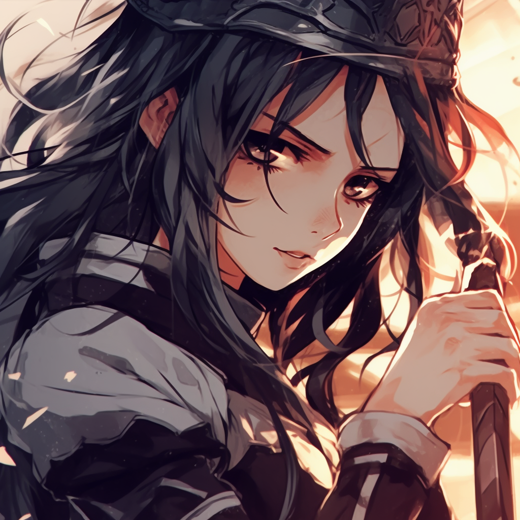 Vibrant image of an anime girl clutching a sharp blade, bold lines accentuating her resolve. fierce anime girls pfp manga