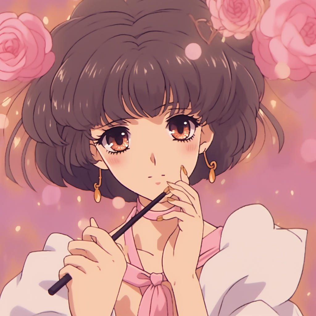 Cardcaptor Sakura with her magical staff, soft pastels and romantic floral motifs. 90s anime aesthetic wallpaper art