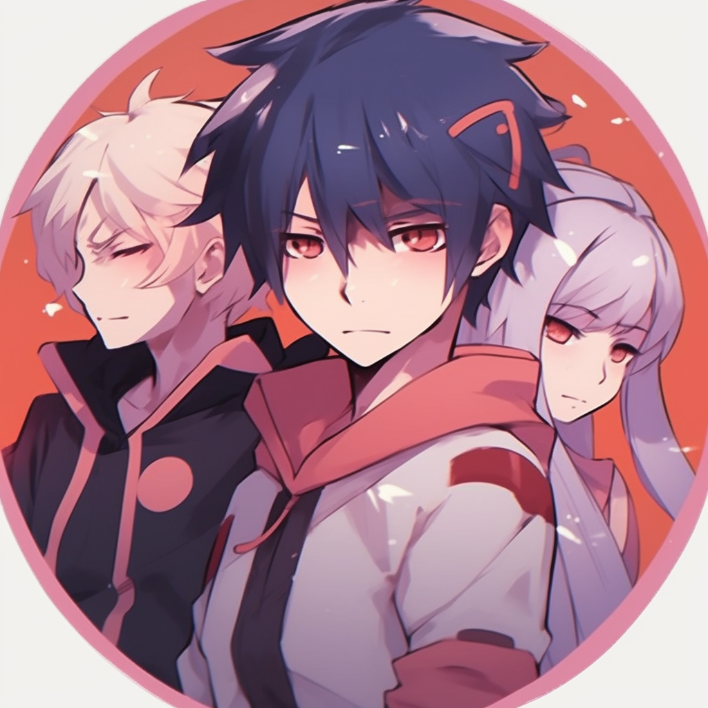 Close-up of Naruto, Sasuke, and Sakura with a focused expression, detailed shading and highlighted facial features. anime 3 matching pfp for mixed gender