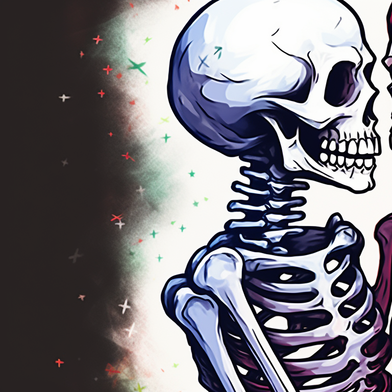 Two skeleton characters in matching Santa outfits, bold colors and playful style. matching christmas pfp skeleton kissing - animated display pfp for discord.