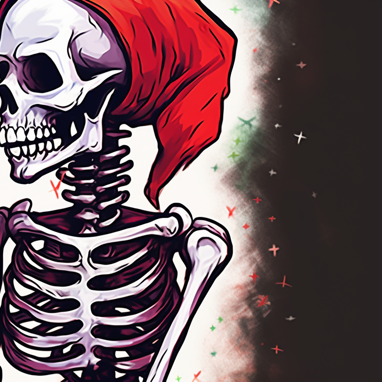 Two skeleton characters in matching Santa outfits, bold colors and playful style. matching christmas pfp skeleton kissing - animated display pfp for discord.