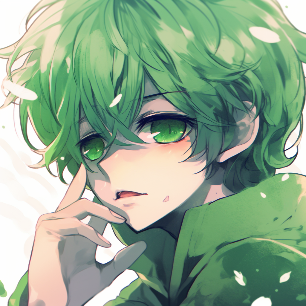 Anime boy with a vibrant emerald green background, clean outlines and rich hues. emerald green anime pfp boy