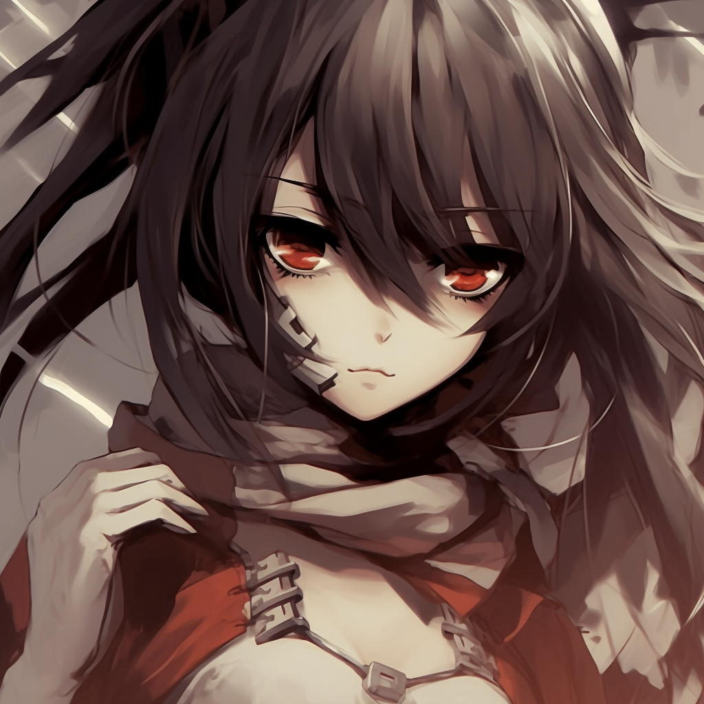 Mikasa Ackerman in a dynamic battle scene, showcasing her vibrant red scarf and detailed uniform. popular girl anime pfp