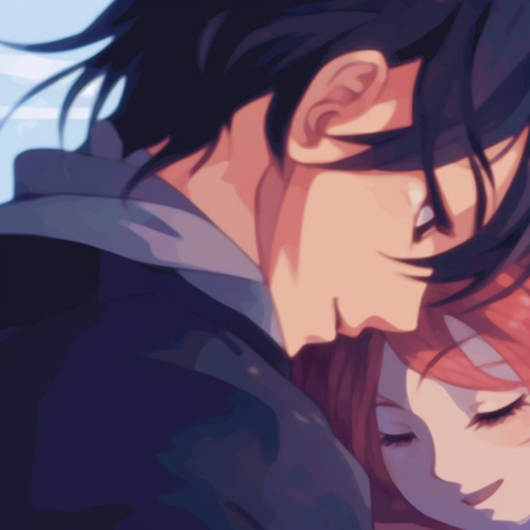 Two characters in an intimate hug, with soft colors and fluid line art. heartfelt matching pfp gif pfp for discord.