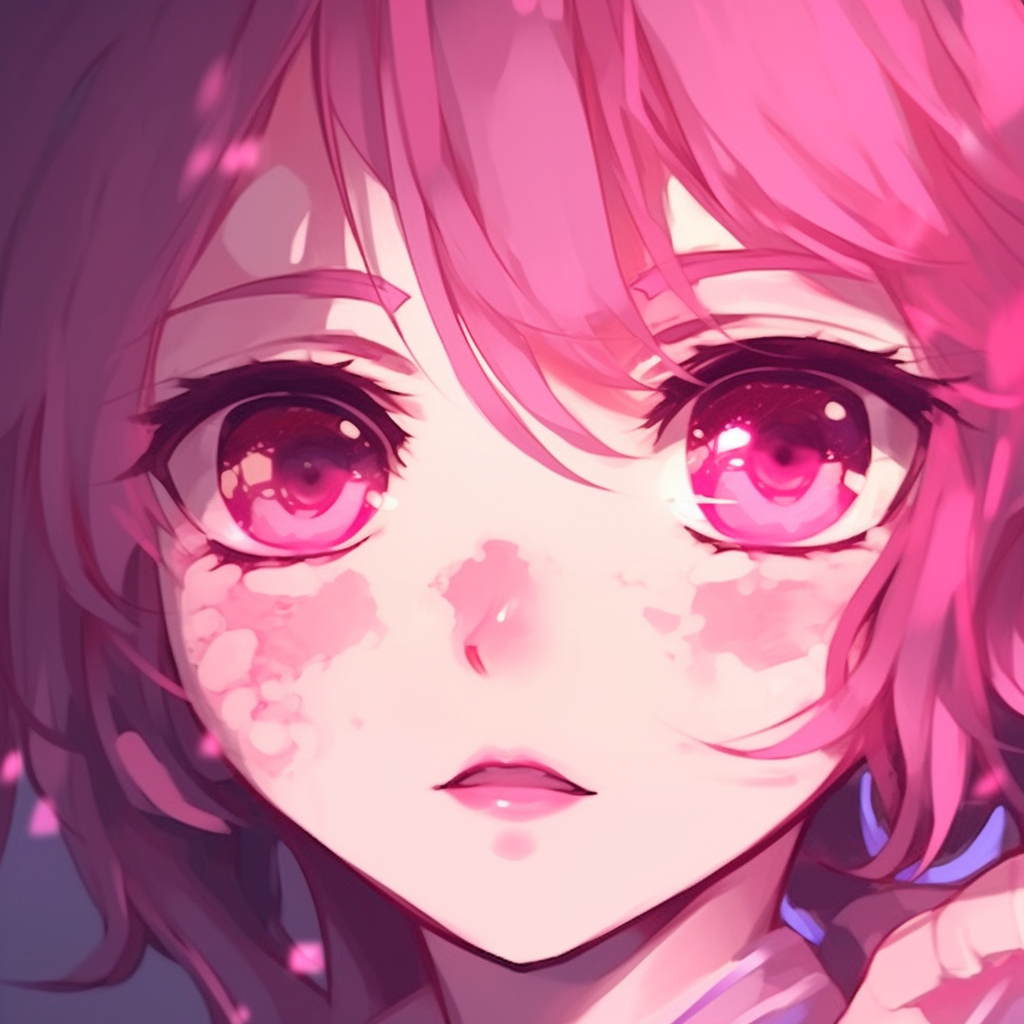 A focus on anime character's eyes, use of dark pink and violet shades to create a twilight effect. dark tones in pink anime pfp