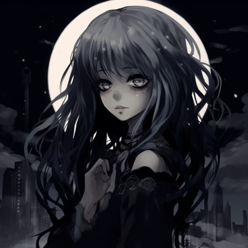 Close-up of a Gothic anime character's face, skin pale, the eyes are deep, piercing and spaghetti strap dress borders show intricate lace details. inspiring gothic anime pfp ideas