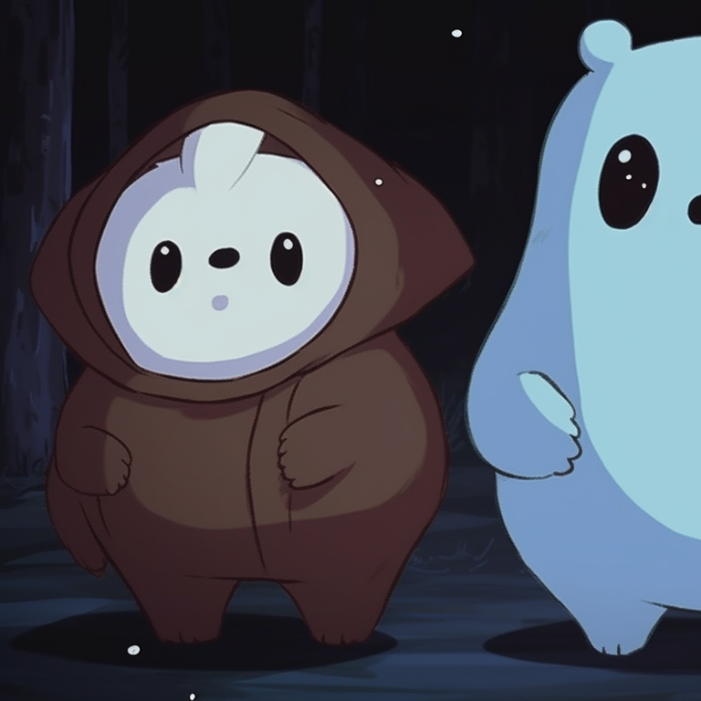 Grizzly, Panda, and Ice Bear as translucent ghosts, simplistic art and glowing effect. cute we bare bears matching halloween pfp ideas pfp for discord.