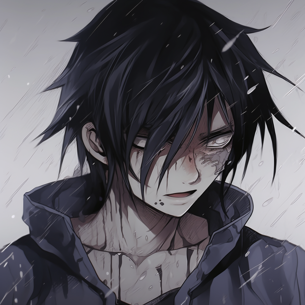 A depiction of a depressed Sasuke, featuring dark shadows and intense expressions. popular depressed anime characters pfp pfp for discord.