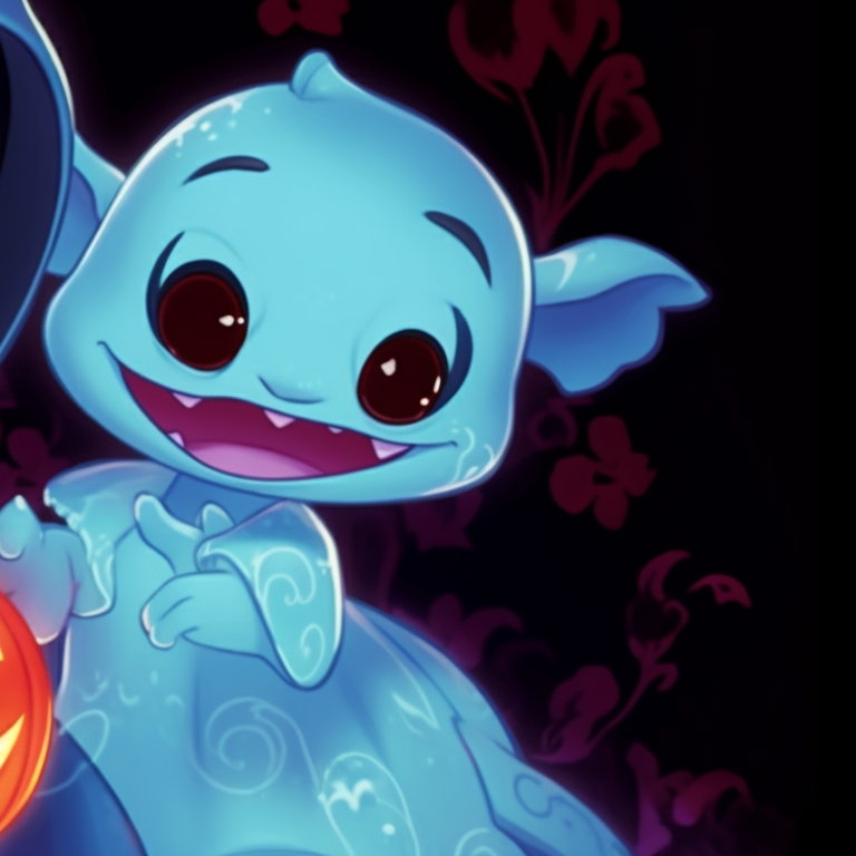 Stitch and Lilo in endearing ghost outfits, high saturation and cartoon style. halloween-themed lilo and stitch matching profile pictures pfp for discord.