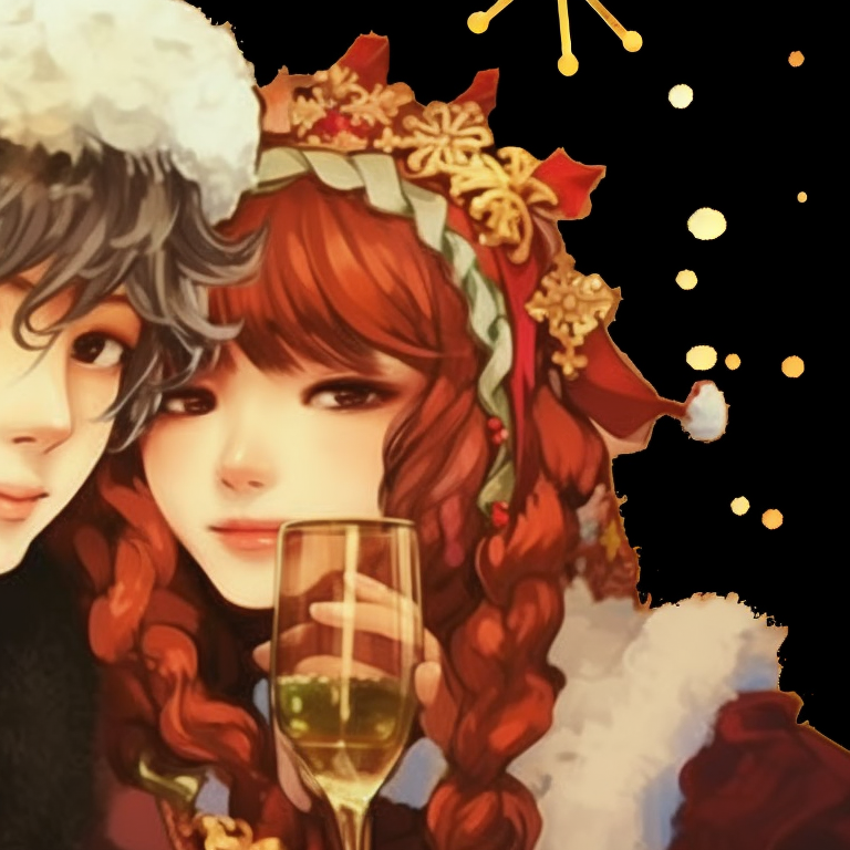 Close-up on two smiling characters in Santa outfits, bold outlines and cheerful expressions. joyful matching christmas pfp felix pfp for discord.