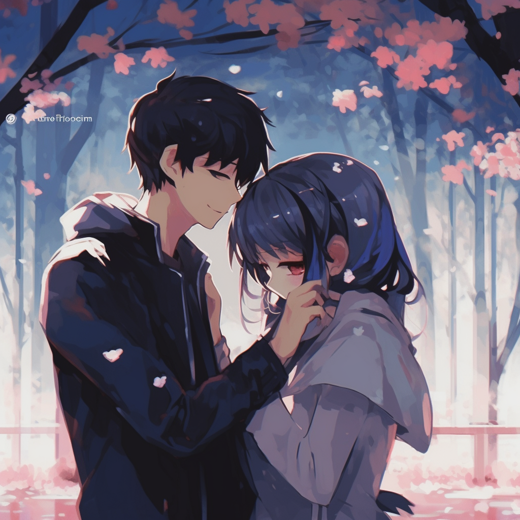 An anime couple under a cherry blossom tree, capturing a moment of tranquility with soft colors and romantic setting. sweet moments in couple anime matching pfp pfp for discord.