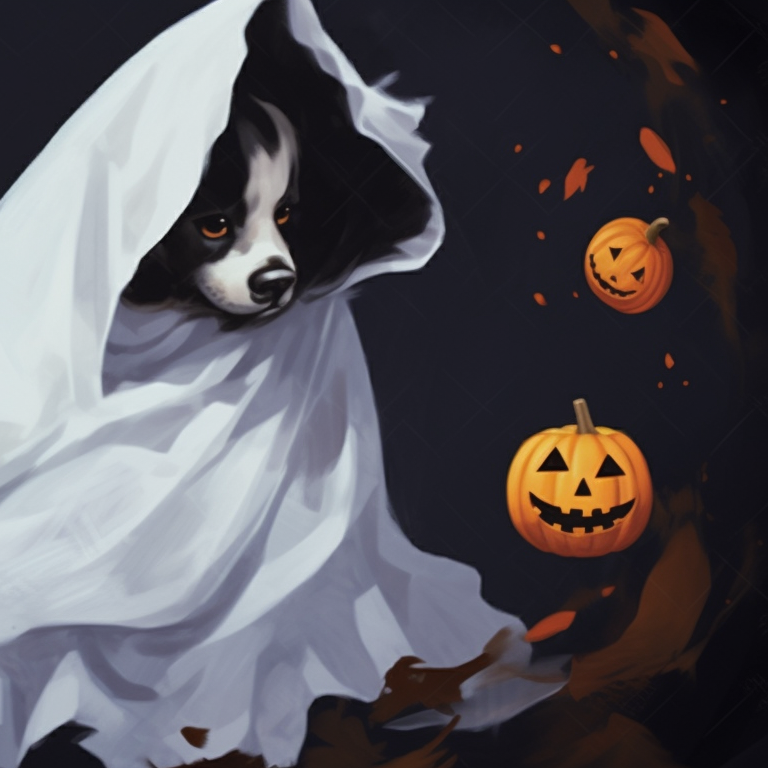 Two dogs in ghost costumes, soft shading with a dark, eerie background. spooky dogs matching pfp halloween theme pfp for discord.