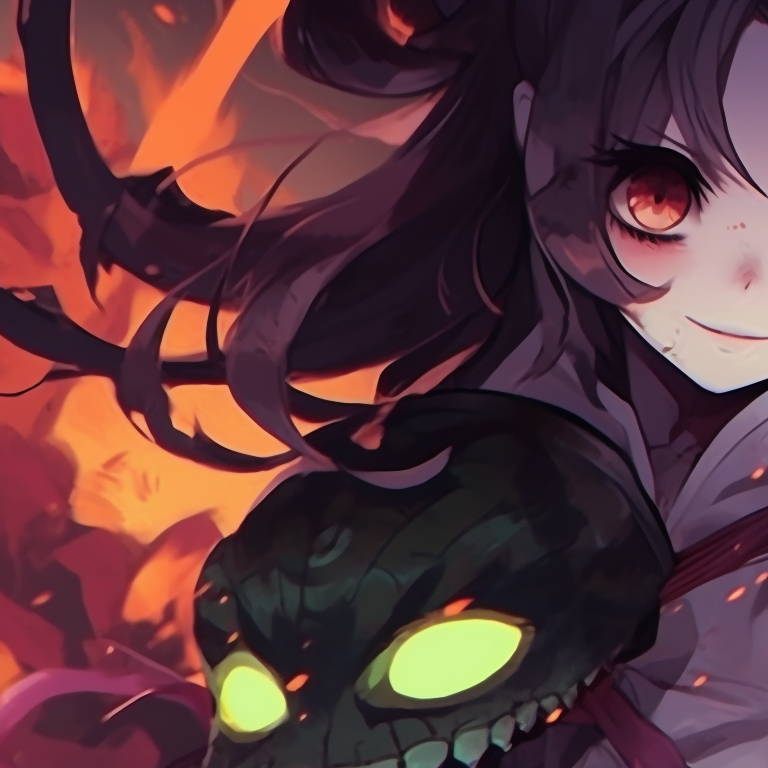 Tension-filled combination of two characters, striking contrasts between their bright auras and the murky Halloween background, poised in action stances. matching demon slayer pfp halloween theme illustrations pfp for discord.