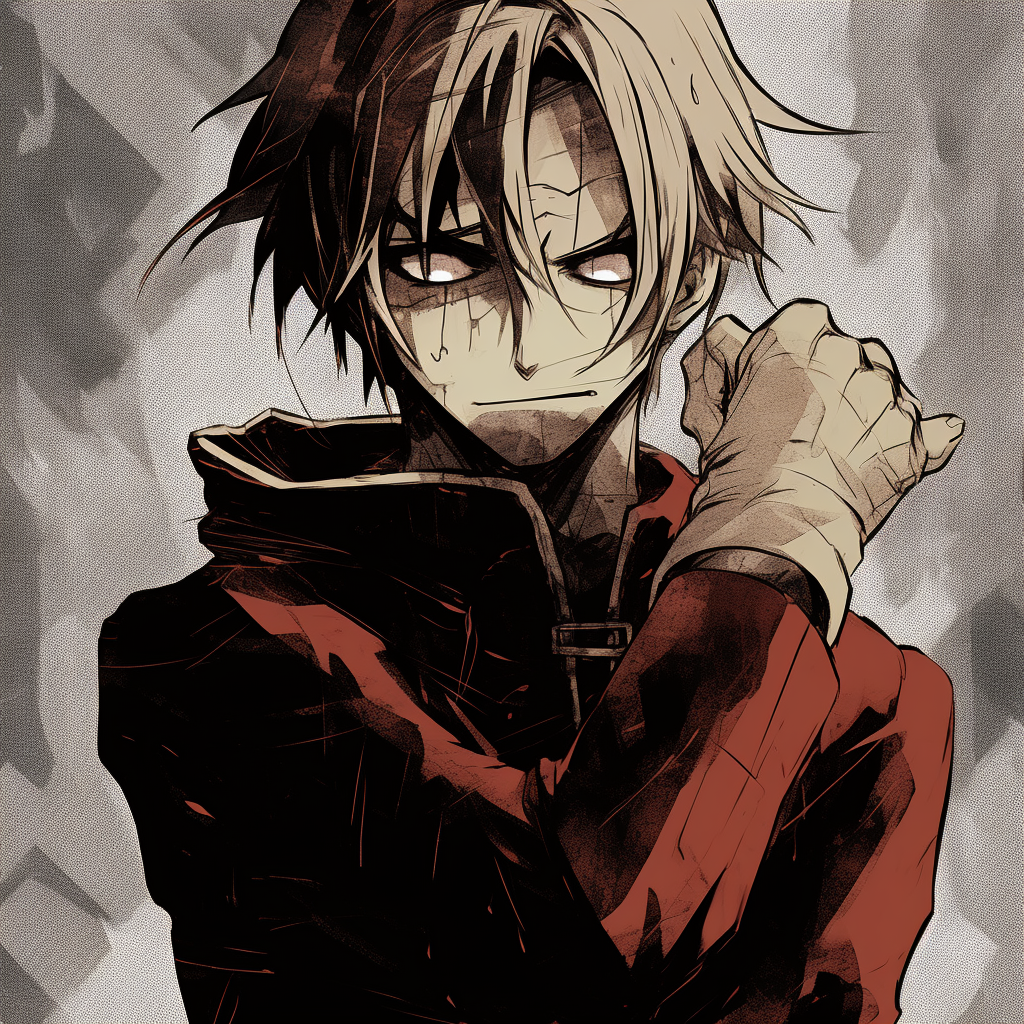 Edward Elric from Fullmetal Alchemist standing in a powerful pose, drawn in fine lines and rustic colors. trending anime pfp manga