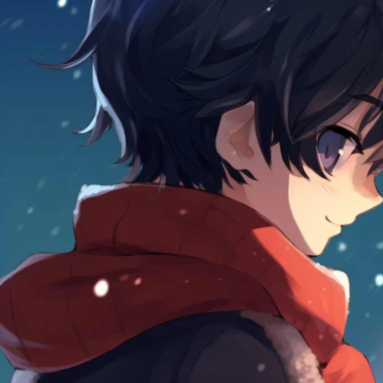 Two characters by the Christmas tree, twinkling lights mirrored in their eyes and a saturation of green and red. seasonal matching pfp christmas pfp for discord.