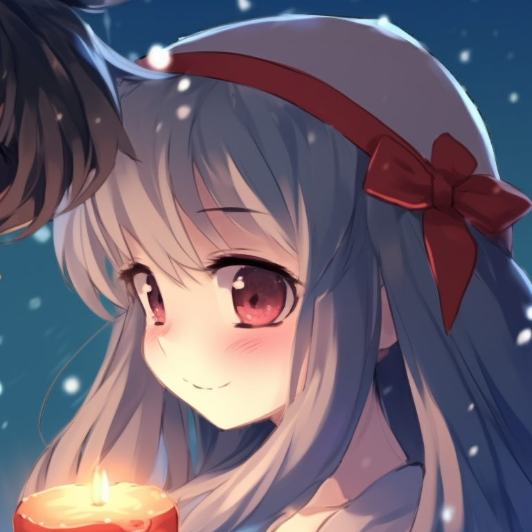 Two characters by the Christmas tree, twinkling lights mirrored in their eyes and a saturation of green and red. seasonal matching pfp christmas pfp for discord.