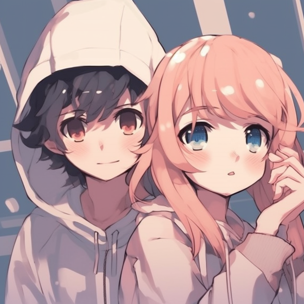 Two best friends depicted in anime style, sharp lines and heavy-shading. friends anime matching pfp: boy and girl