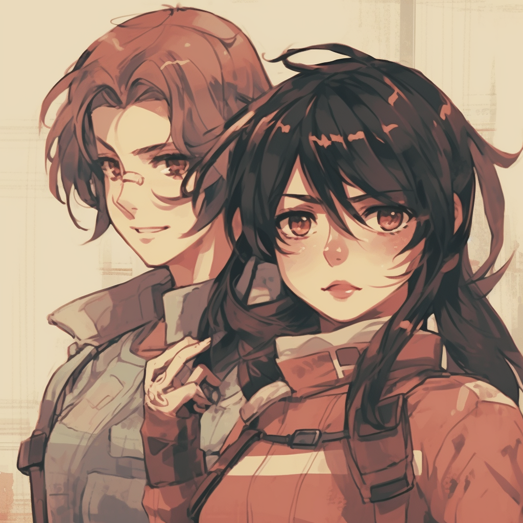 Close-up of Eren and Mikasa, displaying intense expressions, high contrast and fine details. anime matching pfp for two friends: popular styles