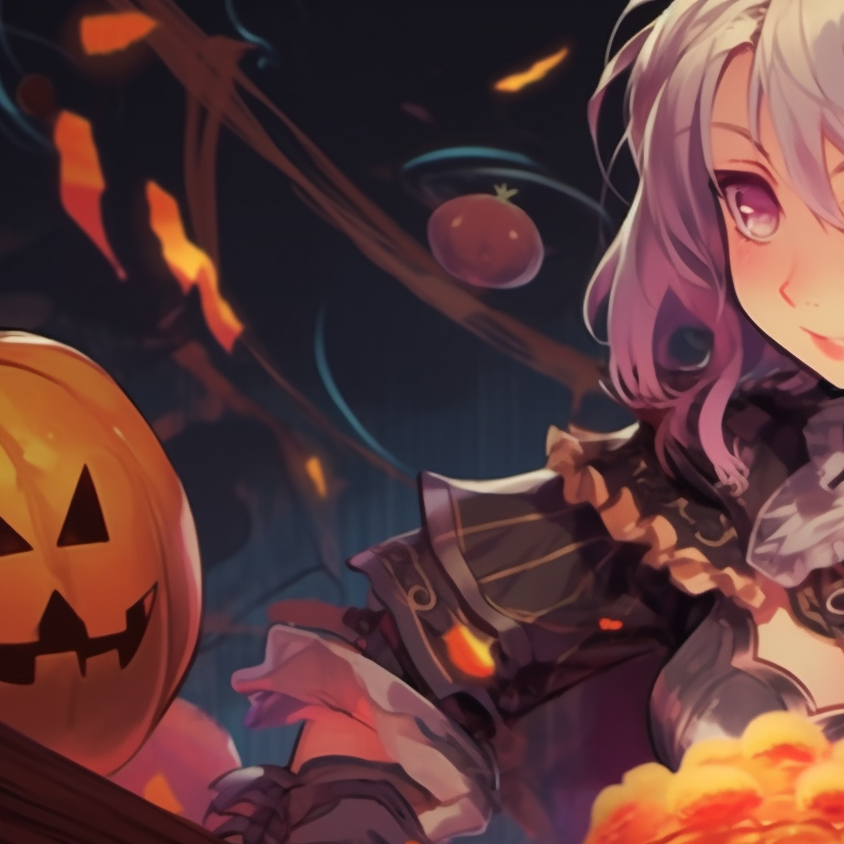 Two characters with pumpkin themes, warm colors and soft shading. project sekai halloween themed profile pictures pfp for discord.