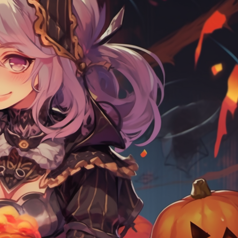 Two characters with pumpkin themes, warm colors and soft shading. project sekai halloween themed profile pictures pfp for discord.
