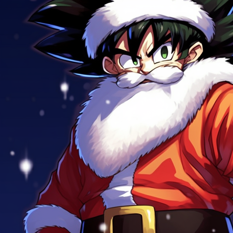 Two characters in a dynamic action pose, with dynamic lines and snow flakes details. best christmas dragon ball pfp for match pfp for discord.