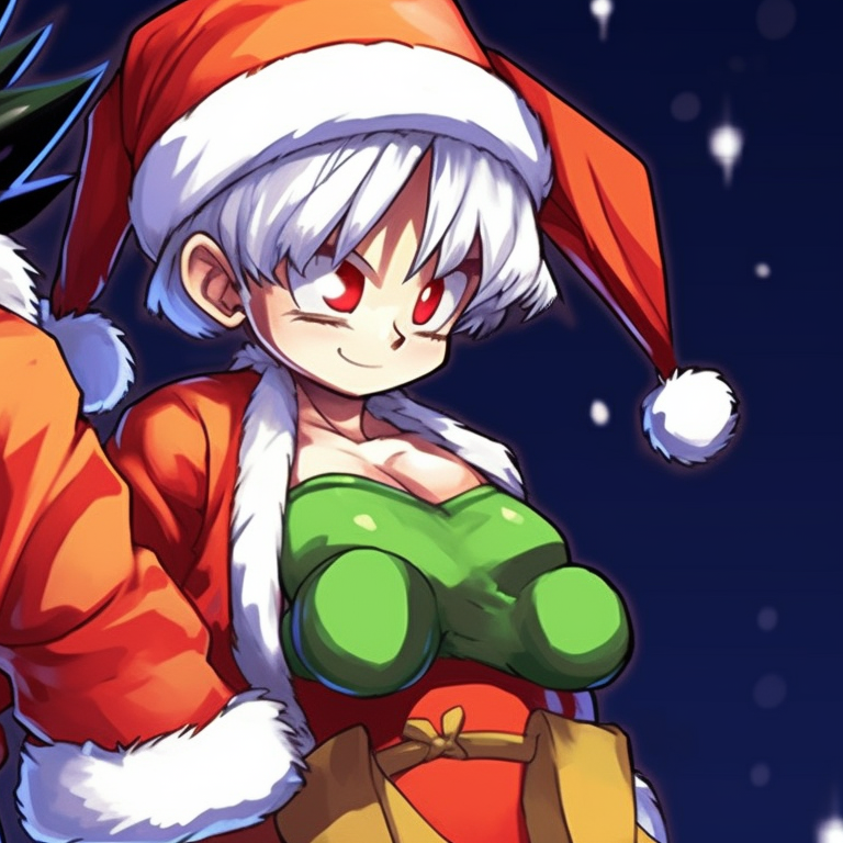 Two characters in a dynamic action pose, with dynamic lines and snow flakes details. best christmas dragon ball pfp for match pfp for discord.