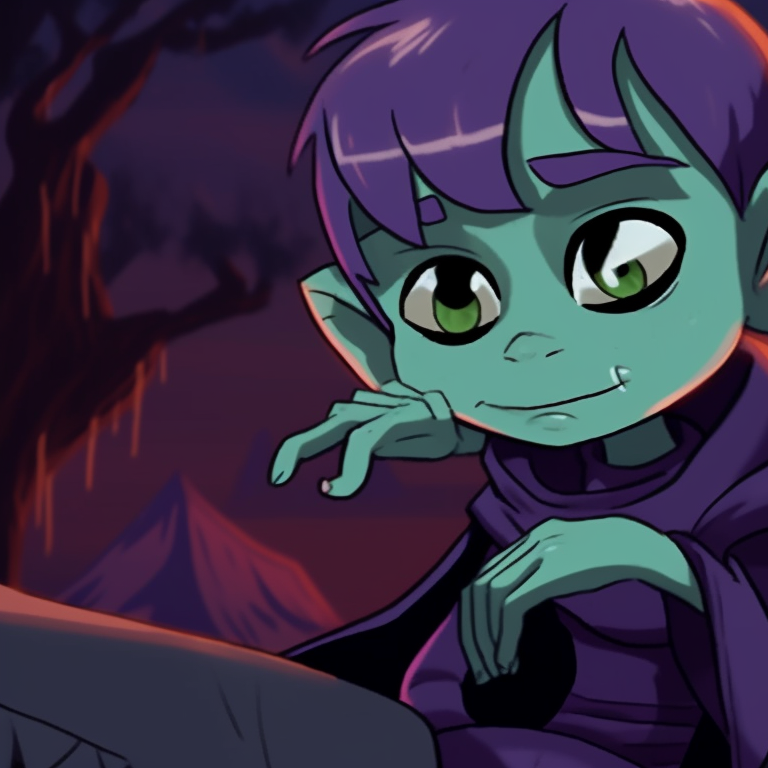 Two characters sitting side by side, soft colour palette, Halloween themed decorative elements in the background. beastboy and raven matching pfp in halloween theme sleepover pfp for discord.