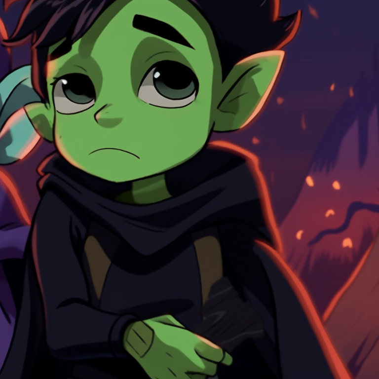 Two characters sitting side by side, soft colour palette, Halloween themed decorative elements in the background. beastboy and raven matching pfp in halloween theme sleepover pfp for discord.