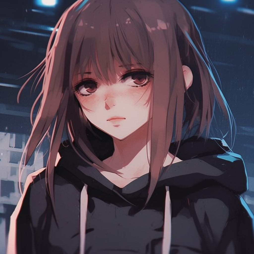 Anime girl with long flowing hair, illustrated with intricate lines, layers and a melancholic color palette. aesthetic anime girl with sad pfp